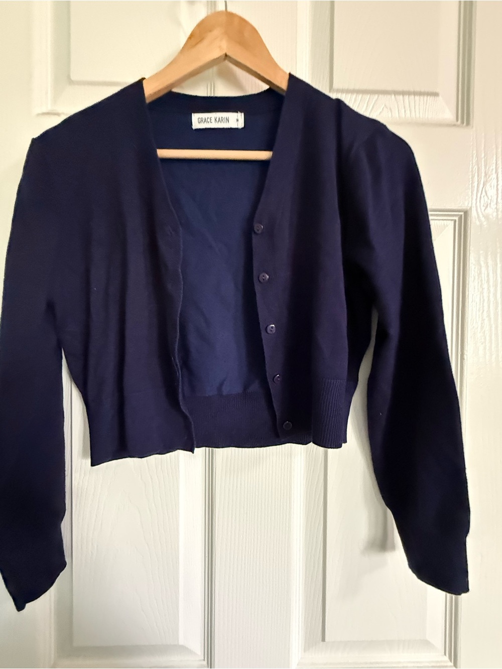 Grace Karin Navy Cropped V‑Neck Button Cardigan